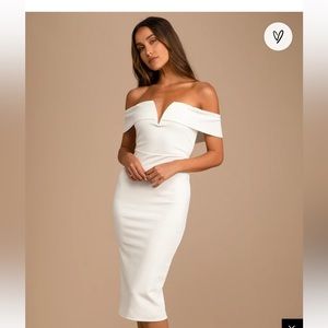 My Favorite Night Ivory Off-the-Shoulder Bodycon Midi Dress